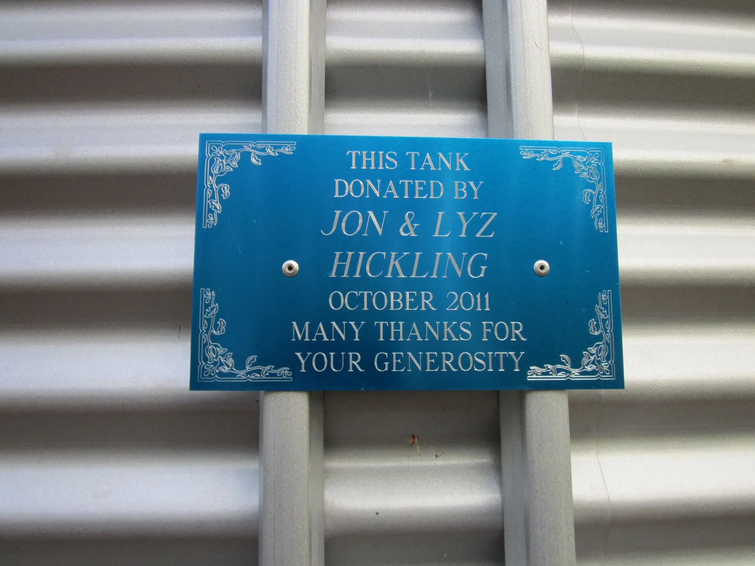 Water tank donated by the Hicklings, island residents for 12 years